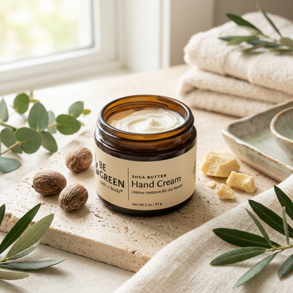 An open amber glass jar of Be Green Shea Butter Hand Cream sits on a stone slab with eucalyptus leaves, shea nuts, and folded cream towels in a bright, natural setting.