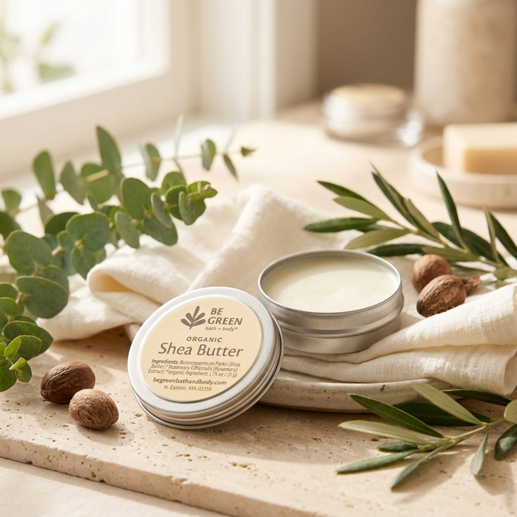 A round metal tin of Be Green Organic Shea Butter balm, shown open with cream-colored balm inside, styled on a beige stone surface with a white cloth, eucalyptus leaves, olives, and whole nuts.