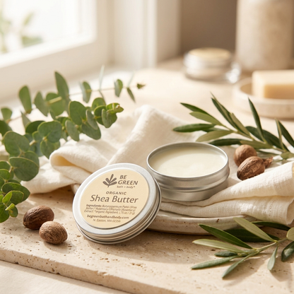 A round metal tin of Be Green Organic Shea Butter balm, shown open with cream-colored balm inside, styled on a beige stone surface with a white cloth, eucalyptus leaves, olives, and whole nuts.