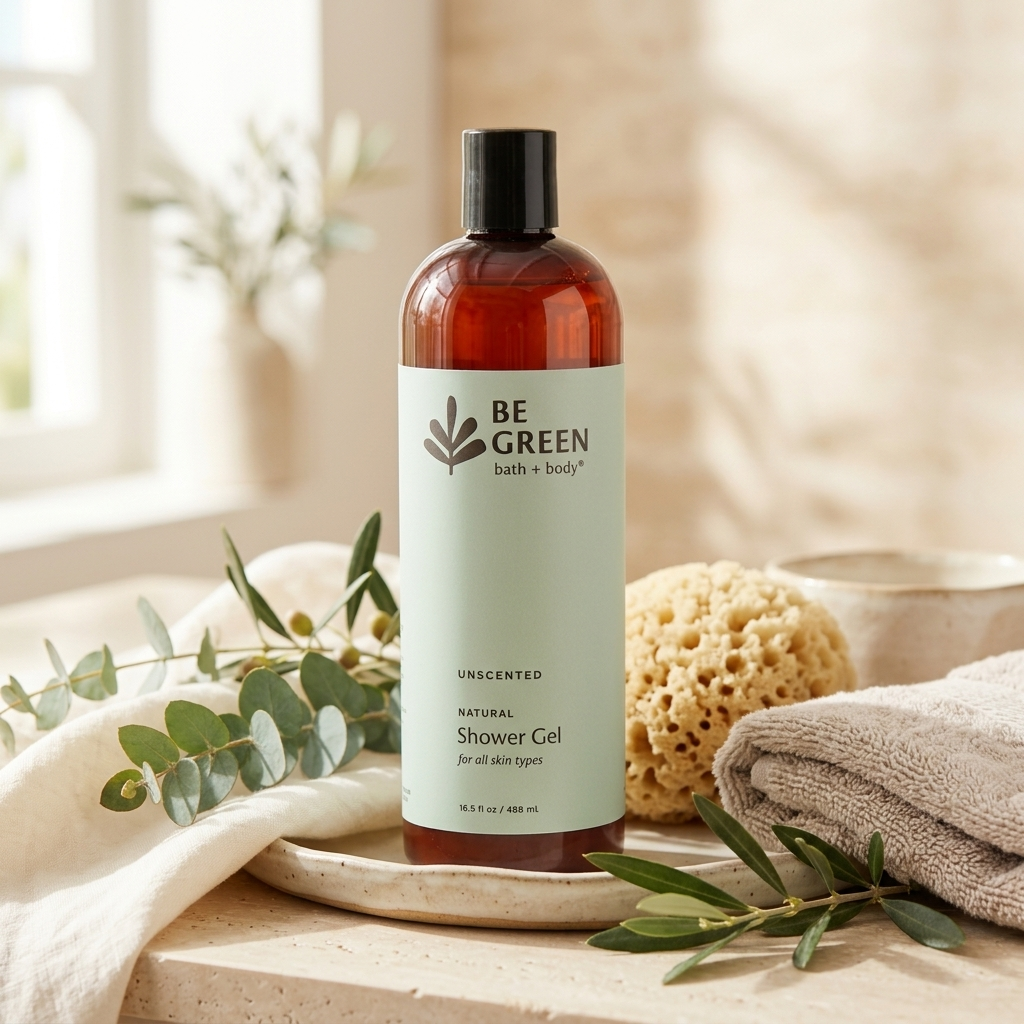 A bottle of BE GREEN bath + body Unscented Shower Gel stands on a tray on a wooden surface, styled with eucalyptus leaves, a sponge, and a folded towel in a warm, softly lit bathroom setting.
