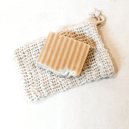 Our goat's milk soap with a sisal soap saver bag