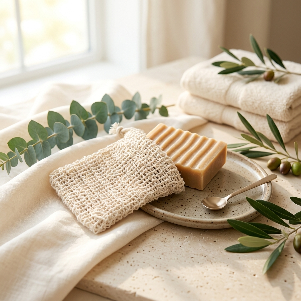 A natural goat soap bar with parallel grooves sits on a speckled ceramic plate next to a woven sisal soap holder, styled with olive branches, a small spoon, and folded towels in a bright, warm setting.