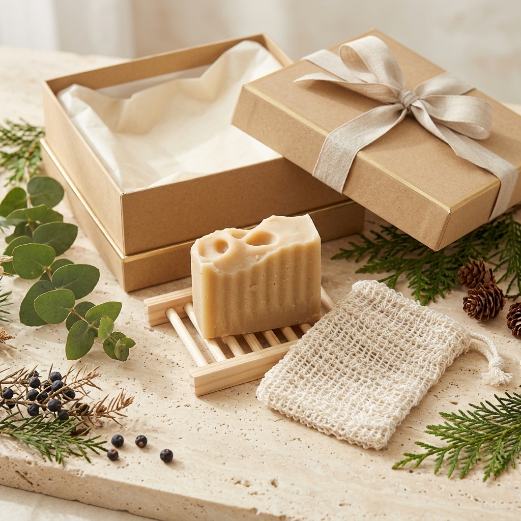 A handmade rectangular bar soap with a skull-shaped cutout on top, displayed on a small wooden stand beside a cream cotton soap bag and kraft gift boxes with a satin ribbon, arranged with greenery and pinecones on a light stone surface.