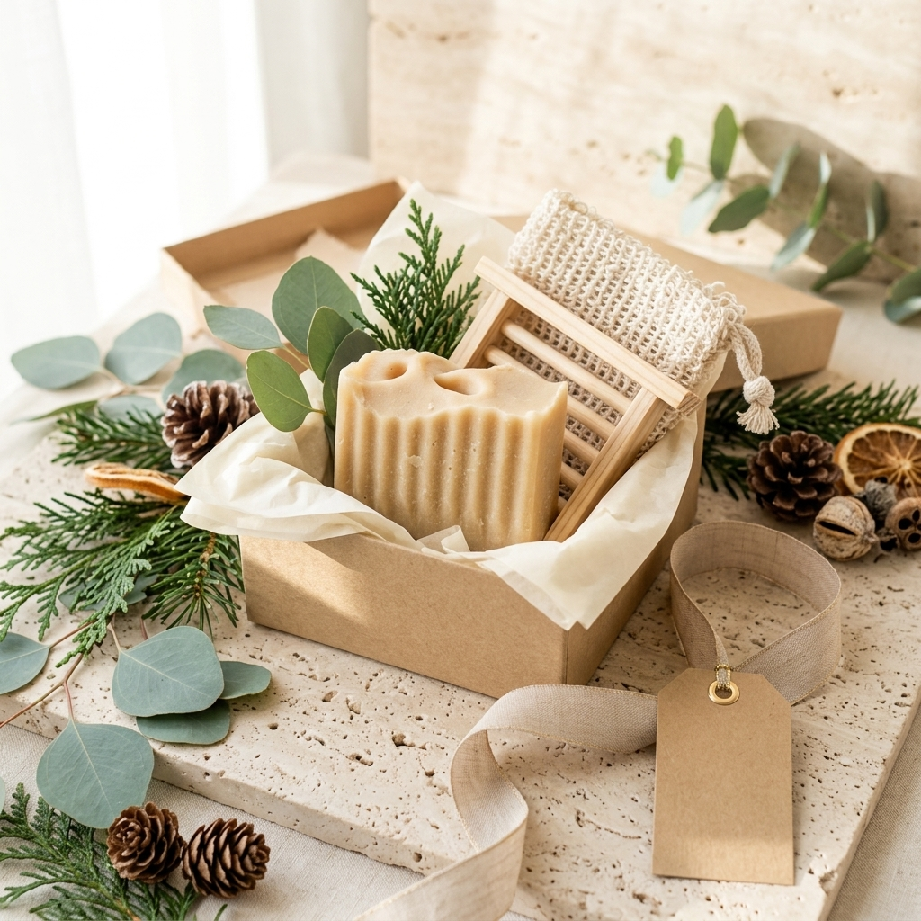 A gift set in a kraft paper box featuring a beige ribbed soap bar, a woven natural-fiber scrubber, and a small wooden comb, styled with eucalyptus leaves, pinecones, and a kraft paper tag on a stone surface.