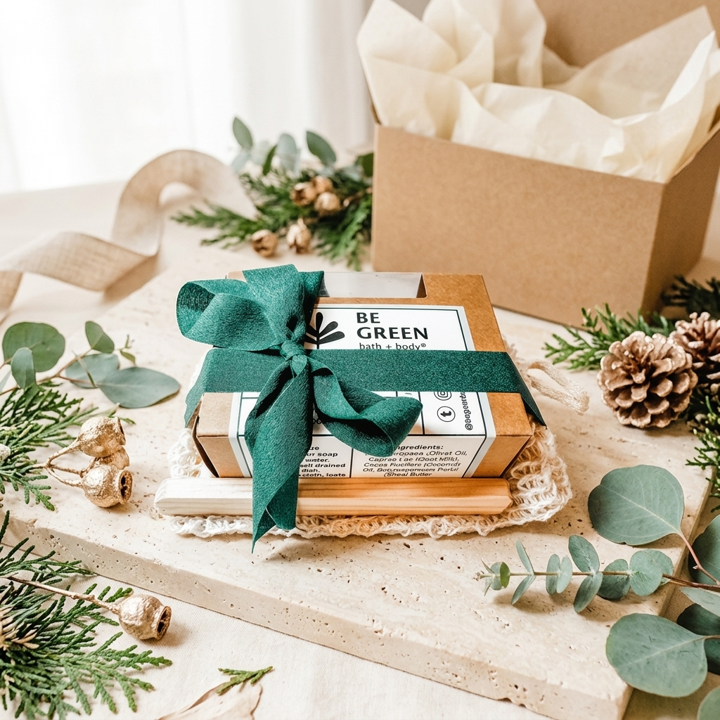 A gift box set from Be Green, featuring a kraft paper box filled with cream tissue paper and a smaller wooden box wrapped in a dark green ribbon, styled with eucalyptus and pinecones on a neutral surface.