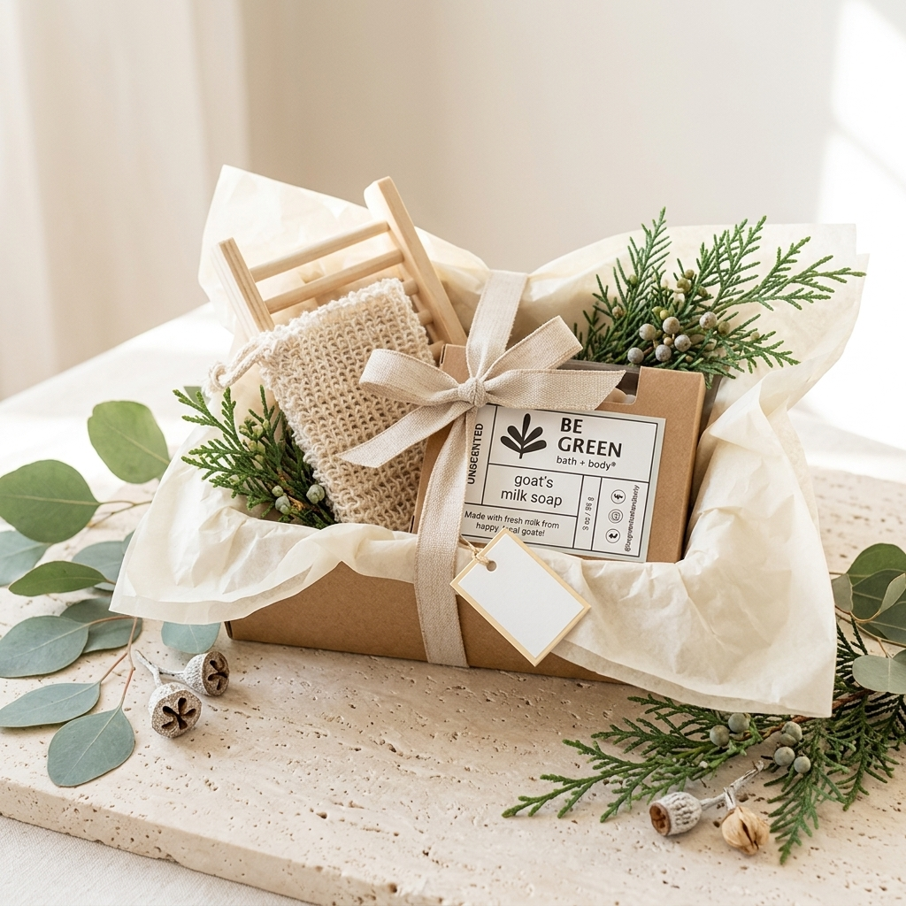 A gift box containing a small wooden chair, a soap bag, and a kraft paper soap box labeled 'BE GREEN goat's milk soap,' wrapped in cream tissue paper and tied with a ribbon, styled with greenery on a stone surface.
