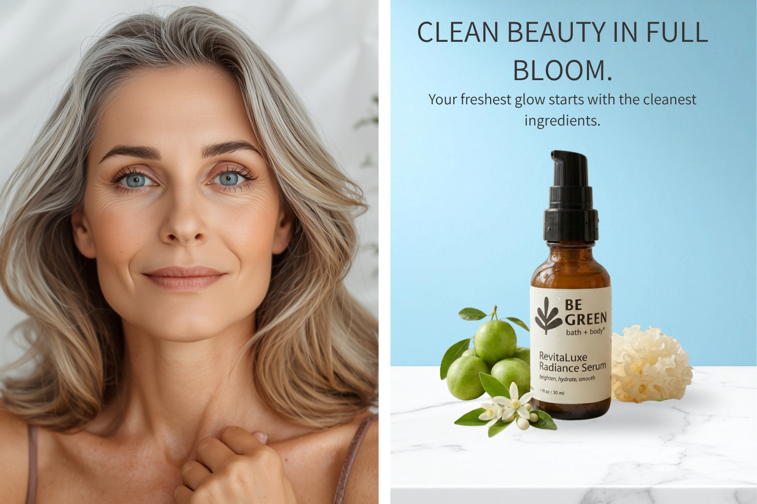 Woman with gray hair and blue eyes on the left, and a bottle of 'Be Green' serum with green apples and a sponge on a white surface with blue background on the right.