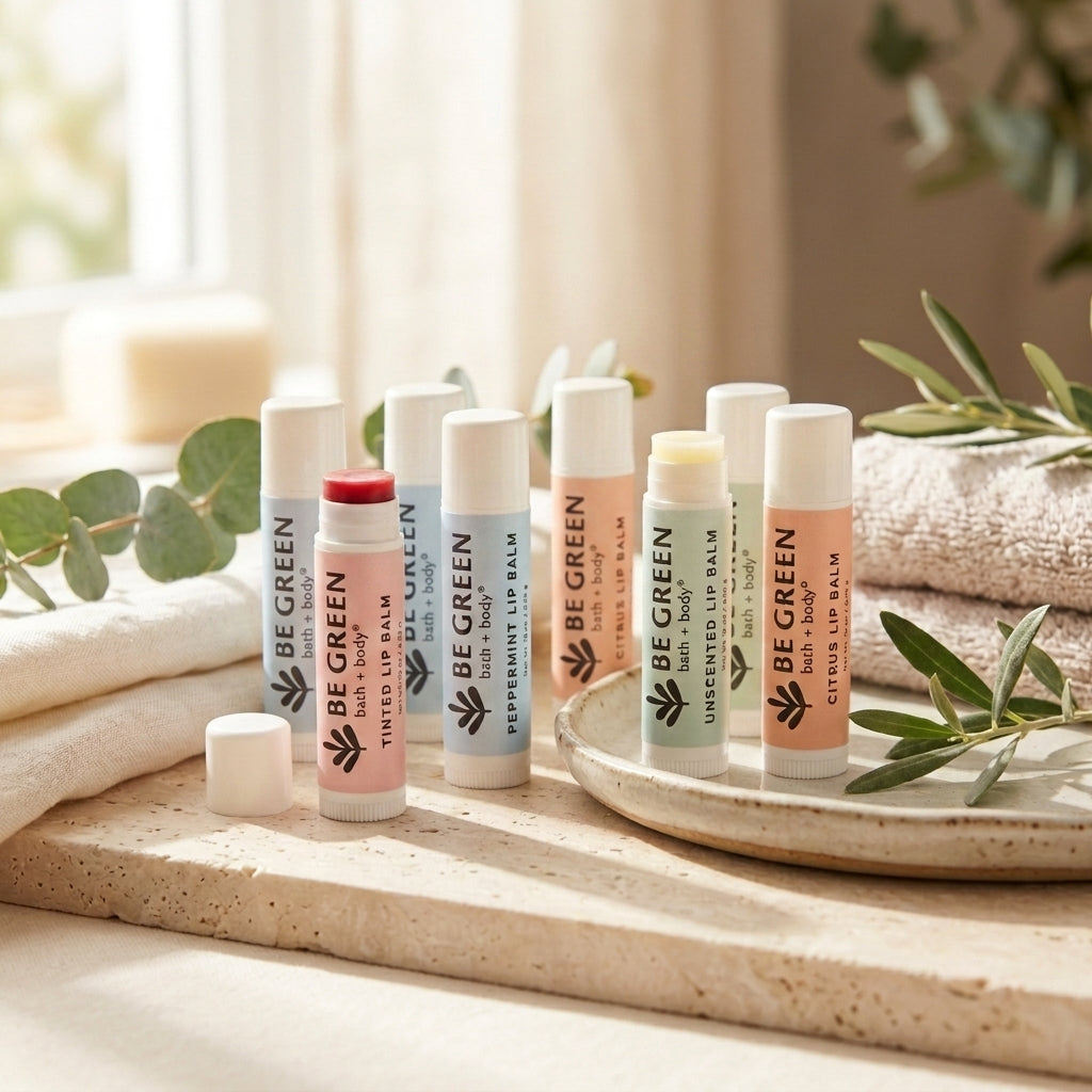 Set of 10 natural lip balms
on a stone with towels and greenery
