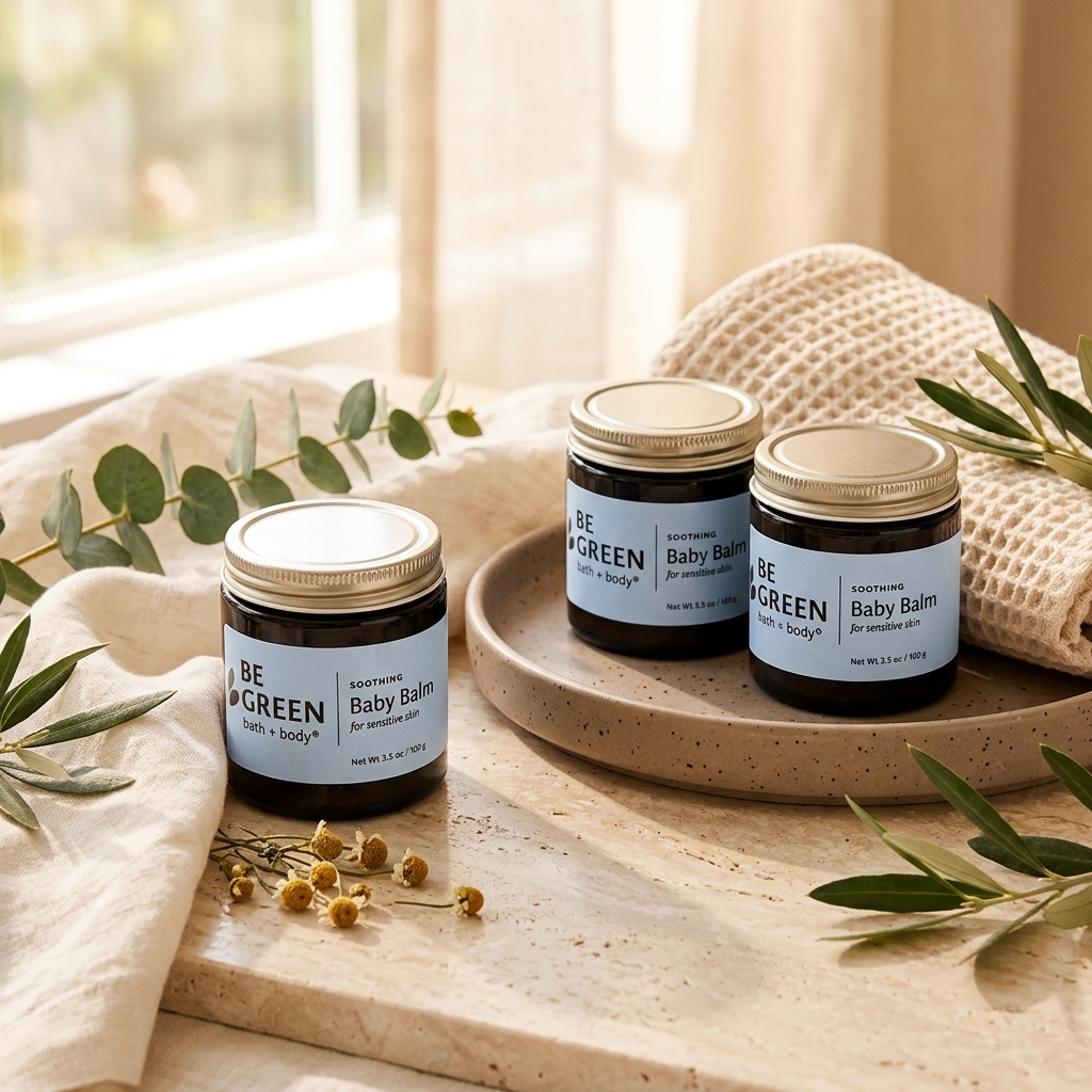 Three jars of BE GREEN Baby Balm arranged on a beige tray and tabletop with linen cloth, eucalyptus leaves, and small flowers in a softly lit indoor setting.