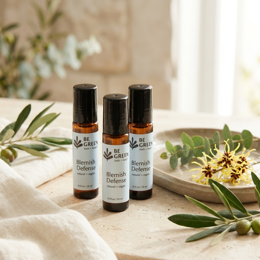 Three amber glass roll-on bottles labeled 'BE GREEN Blemish Defense' stand on a light stone surface with olive branches and a small flower arrangement around them.