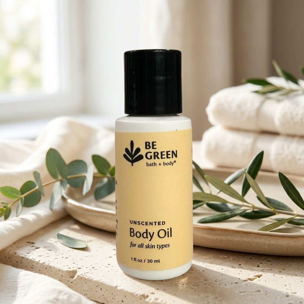 A bottle of BE GREEN bath + body Unscented Body Oil stands on a stone surface with folded white towels, greenery, and a softly lit window in the background.