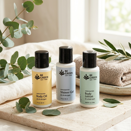 Three BE GREEN body care bottles arranged on a stone tray with eucalyptus leaves and a folded towel in a bright bathroom-like setting. The bottles are labeled  Body Oil,  Shower Gel, and  Body Lotion.