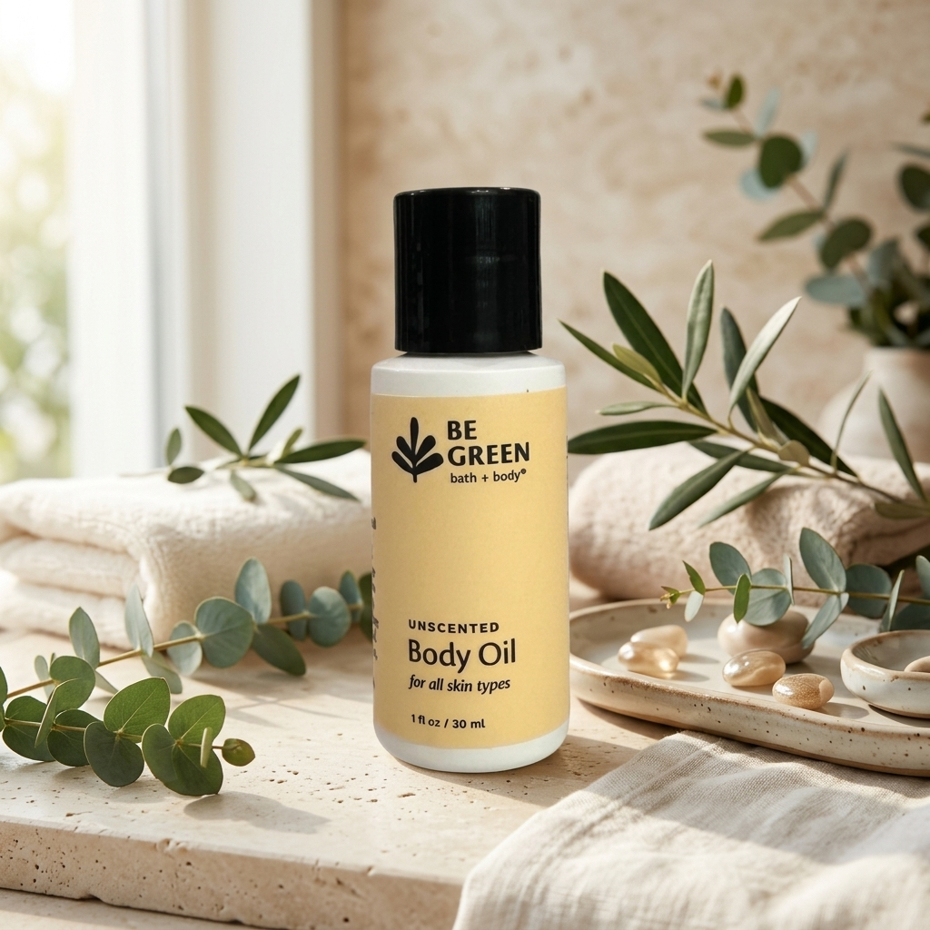 A bottle of BE GREEN unscented body oil stands on a stone surface with folded towels, eucalyptus branches, and a tray of bath stones around it in a softly lit bathroom-like setting.