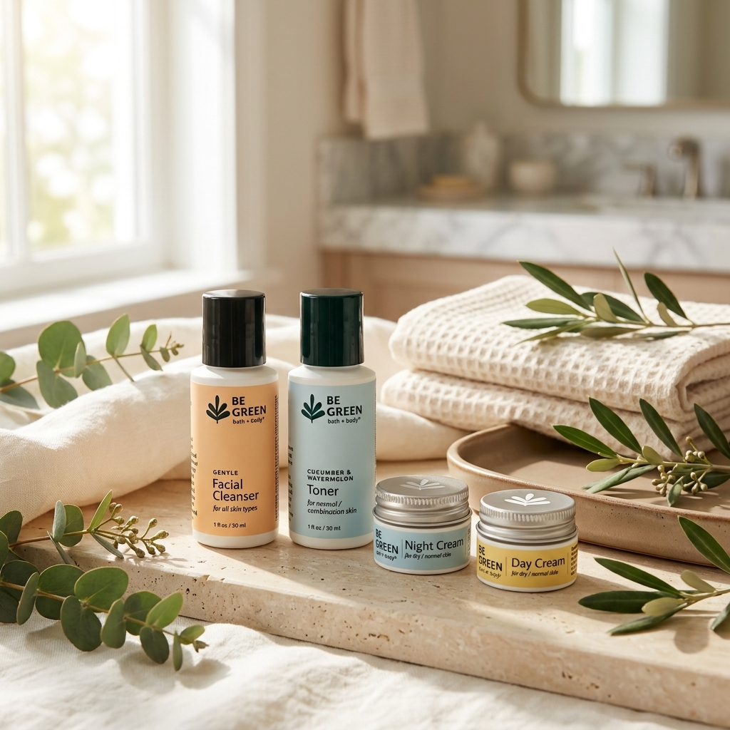 Four BE GREEN skincare products arranged on a stone tray with folded cream towels, olive branches, and a softly blurred bathroom background. The set includes a facial cleanser, toner, night cream, and day cream.