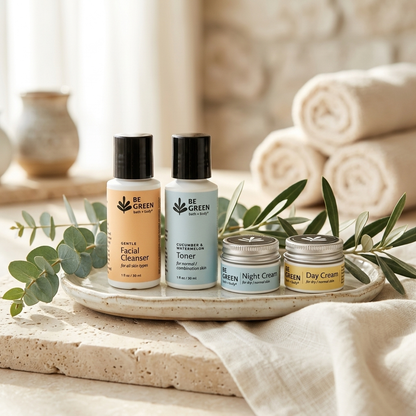 Four skincare products from Be Green Beauty Shop arranged on a ceramic tray with eucalyptus leaves, set on a stone surface with rolled towels in the background.