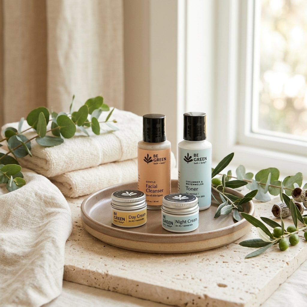 Four skincare products from Be Green Botanicals are arranged on a round tray with folded linen towels and eucalyptus branches by a window. The set includes a facial cleanser in a peach bottle, a toner in a pale blue bottle, and two small jars of cream.