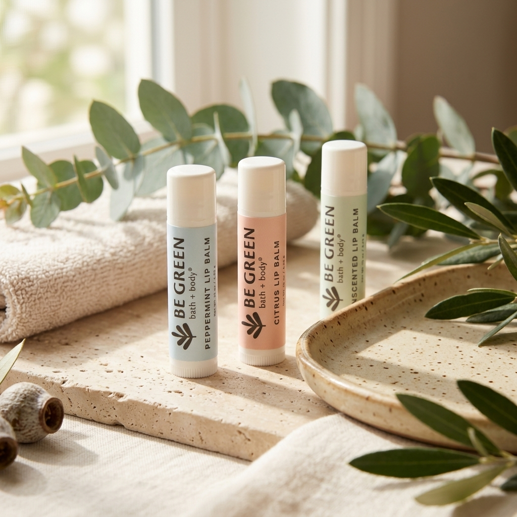 Three lip balm tubes from BE GREEN stand on a stone tray with a rolled towel and eucalyptus leaves in a softly lit bathroom-like setting.
