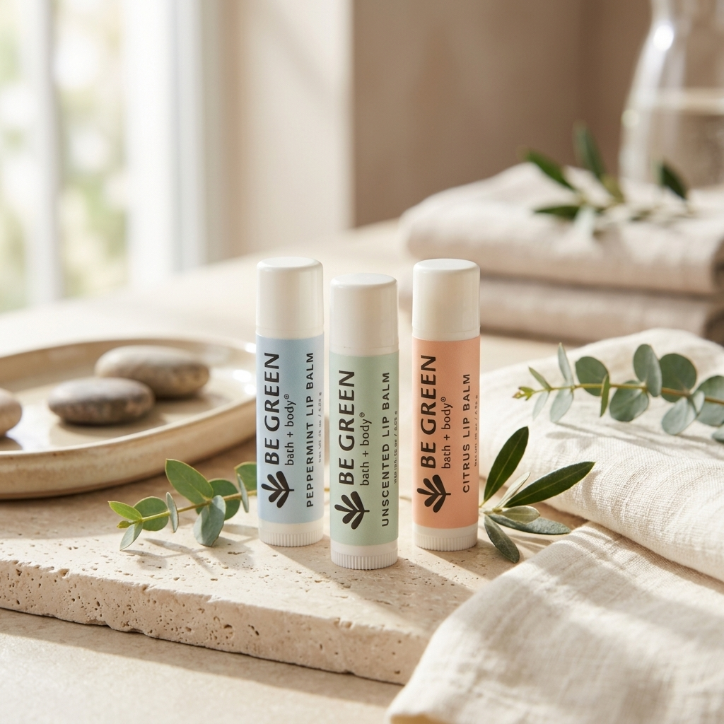 Three lip balm tubes from the brand BE GREEN are lined up on a stone slab with neutral-toned linen and eucalyptus leaves. The lip balms have white caps and labels in light blue, mint green, and peach, with black text.