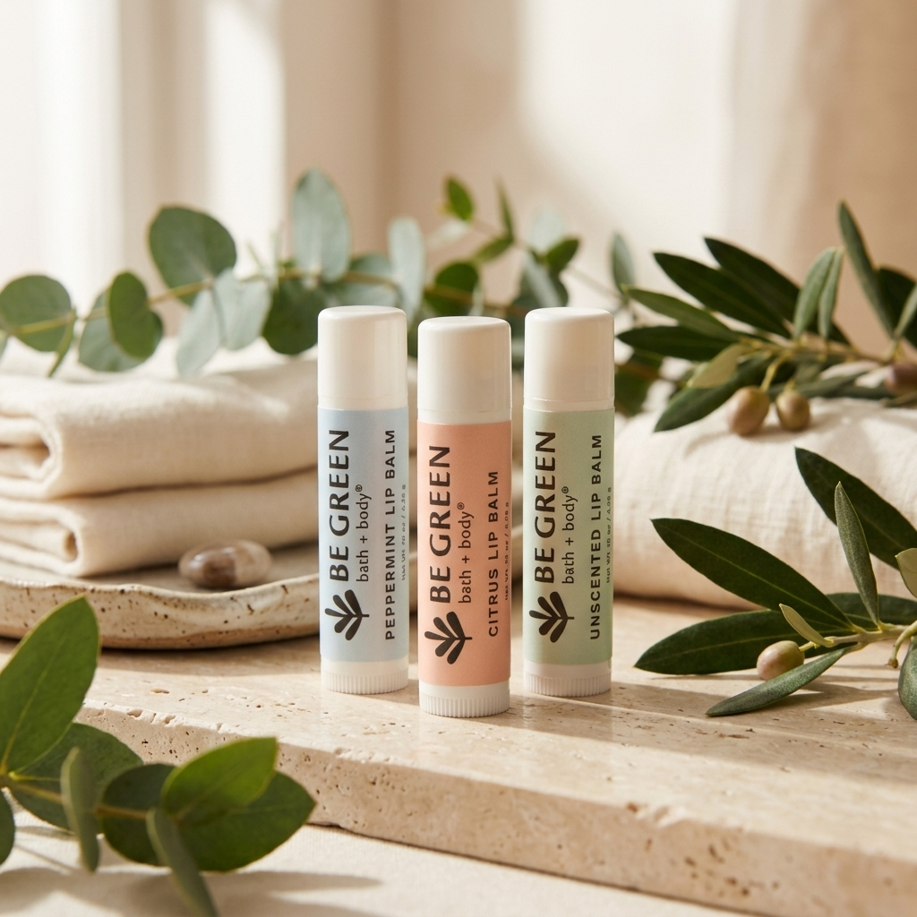 Three Be Green lip balms on a light stone surrounded by towels
