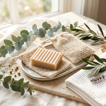 A bar of goat milk soap resting on a cream mesh sisal soap bag, with a second soap bag and folded white cloth nearby, styled with eucalyptus and olive branches on a light surface near a window.