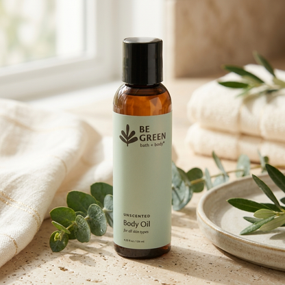 A bottle of BE GREEN body oil stands on a light stone surface with folded cream towels, eucalyptus leaves, and a ceramic dish in a softly lit indoor setting.
