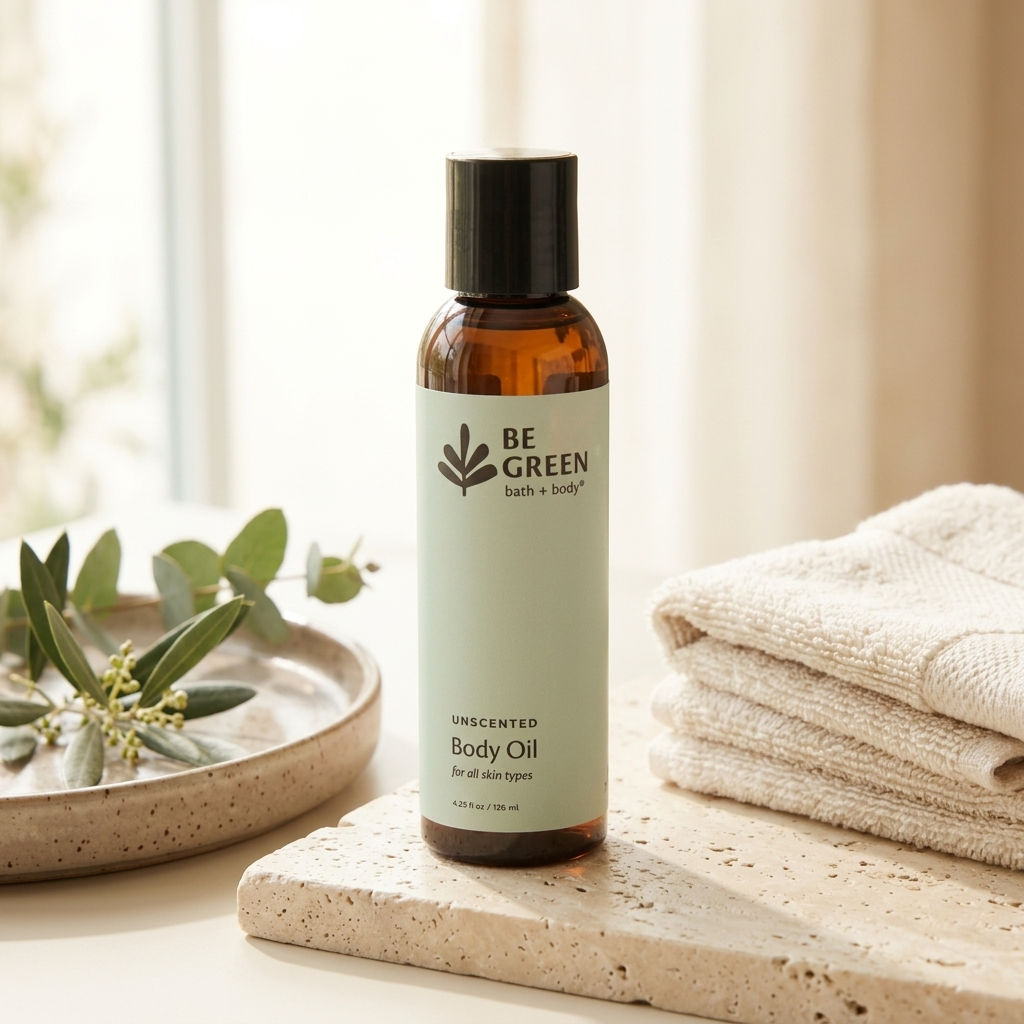 A bottle of BE GREEN unscented body oil stands on a stone slab in a softly lit bathroom-like setting, with folded towels and a tray of greenery nearby.