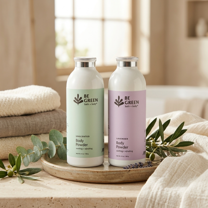 A bottle of Unscented Powder and Lavender powder in a bathroom.