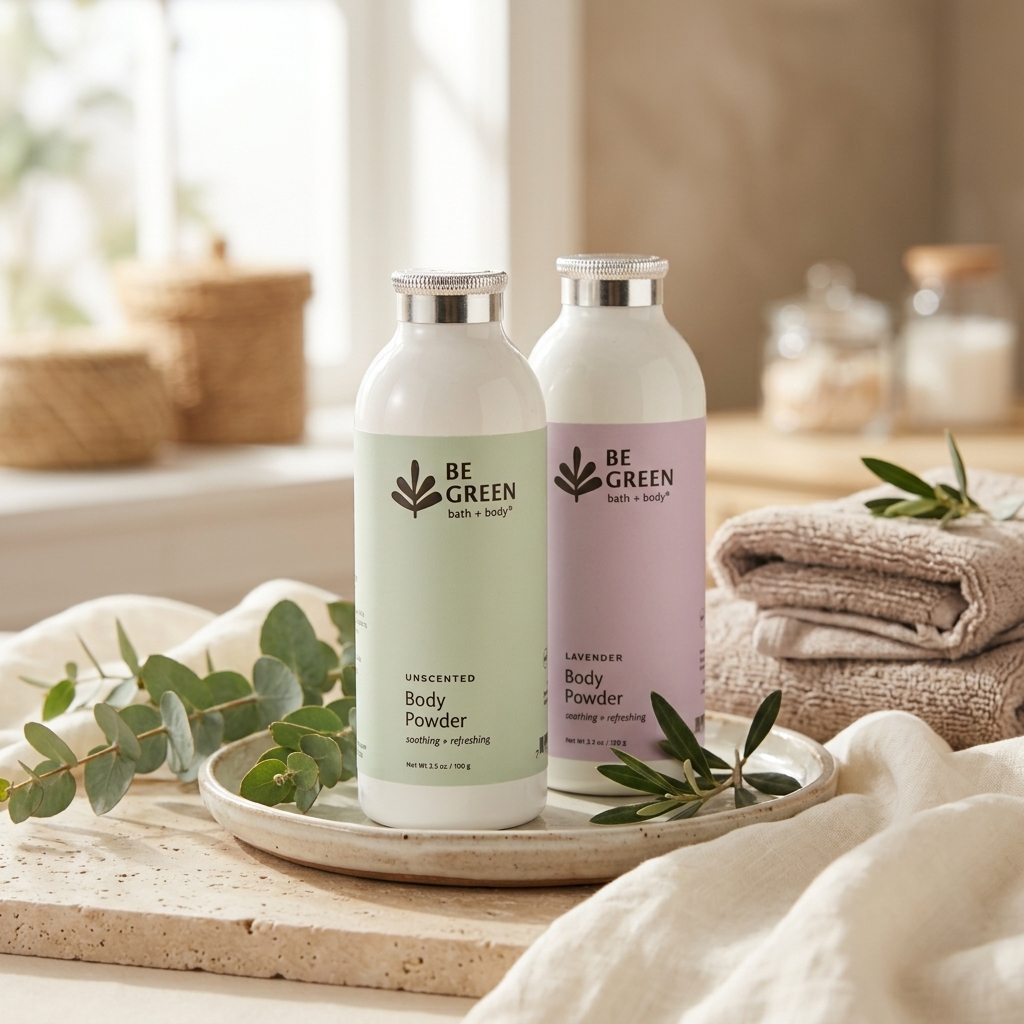 Two BE GREEN body powder bottles on a tray in a softly styled bathroom setting. One bottle is off-white with a pale green label, and the other is off-white with a pale lavender label.
