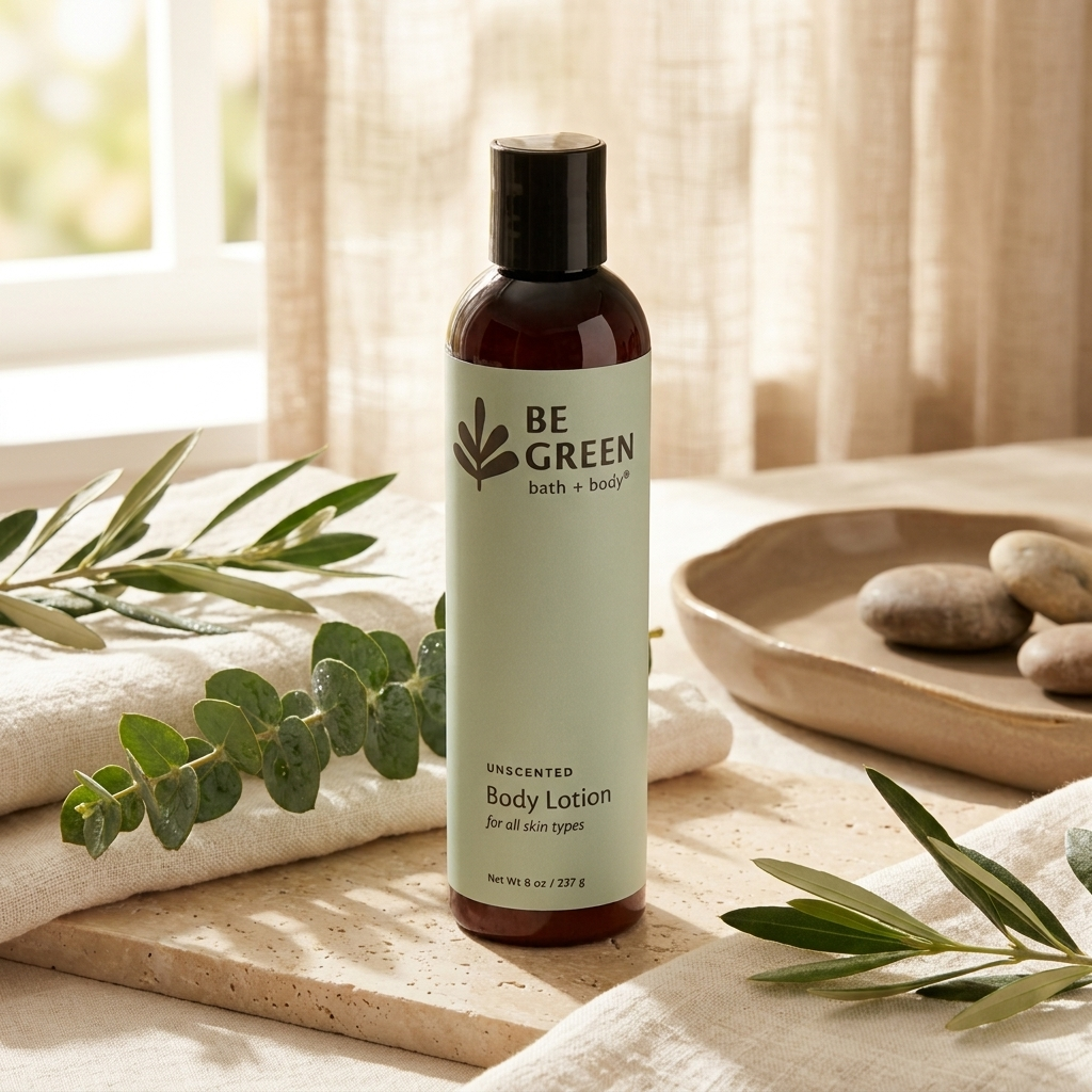 A bottle of BE GREEN unscented body lotion stands on a stone slab beside folded white towels, eucalyptus leaves, and a wooden tray with stones, in front of a softly lit window with sheer curtains.