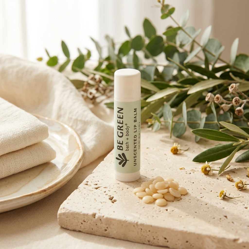 A tube of BE GREEN unscented lip balm stands on a stone slab surrounded by dried flowers, greenery, and folded cream fabric in a softly lit natural setting.