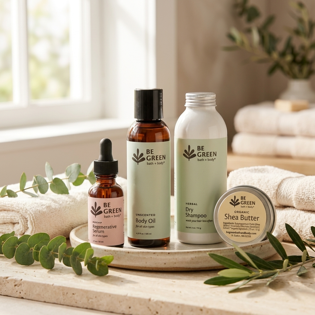 Four BE GREEN bath and body products arranged on a round tray in a bright, softly lit bathroom-like setting with towels, greenery, and a window in the background. The products include a dropper bottle of serum, an amber bottle of unscented body oil, a white bottle of herbal dry shampoo, and a round tin of organic shea butter.