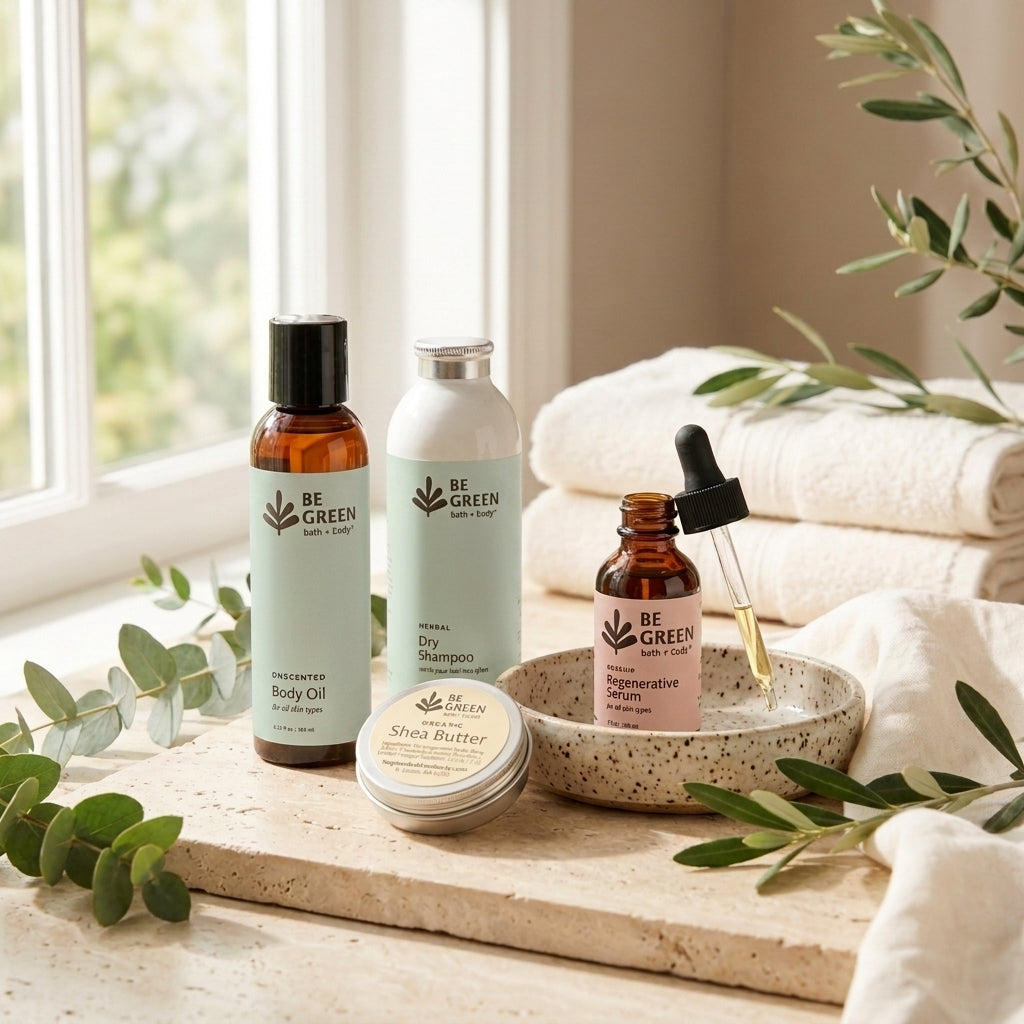 A set of BE GREEN beauty products arranged on a stone tray with white towels and eucalyptus leaves nearby. The products include body oil, dry shampoo, a facial oil dropper bottle, and a round tin of shea butter, styled in a bright, natural setting.