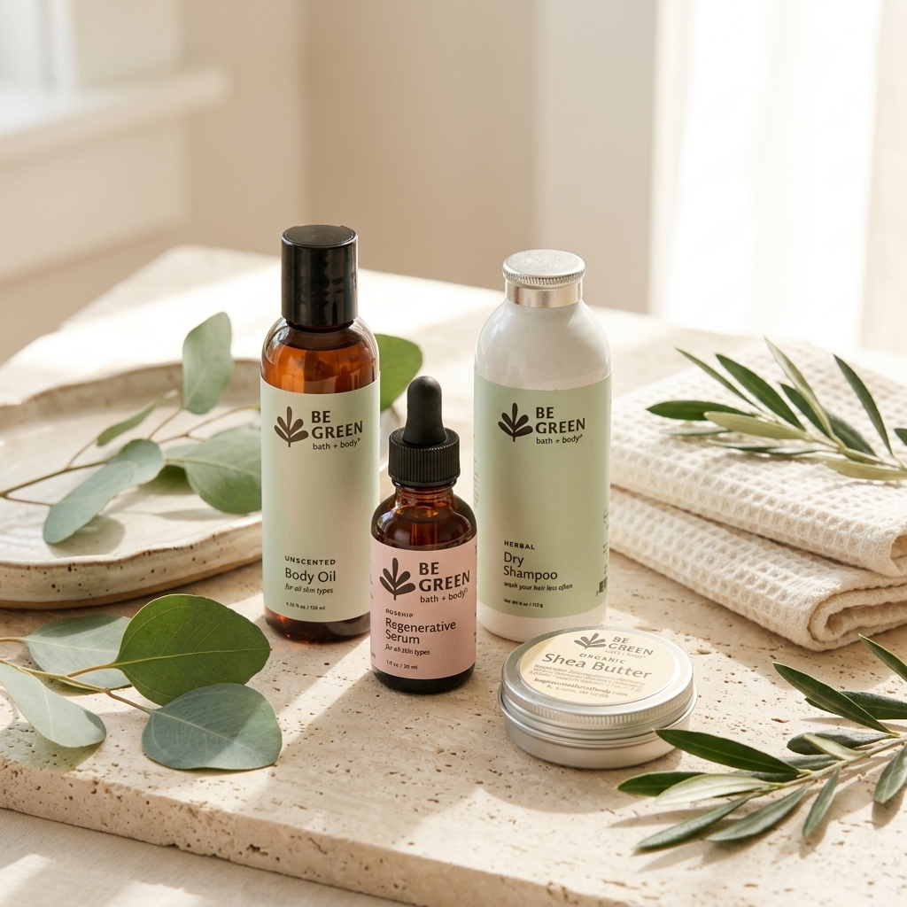 A set of BE GREEN natural body care products arranged on a stone tray with folded cream towels and eucalyptus leaves. The products include a body oil in an amber bottle, a small serum dropper bottle, a dry shampoo bottle, and a tin of Shea Butter.