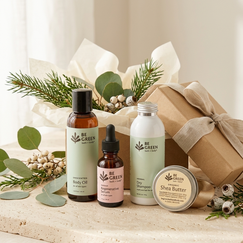A gift set of BE GREEN natural body care products arranged on a light stone surface with decorative greenery and a wrapped gift box. The set includes a body oil in an amber bottle, a serum in a small amber dropper bottle, a Dry Shampoo in a white bottle, and a shea butter jar, with pale green labels and a kraft gift box tied with a beige ribbon.