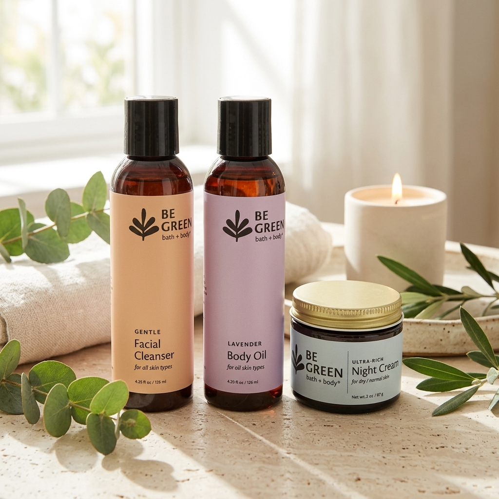 Three BE GREEN bath & body products arranged on a stone surface with eucalyptus leaves and a lit candle in the background: a peach-toned facial cleanser bottle, a lavender body oil bottle, and a gray night cream jar with a gold lid.