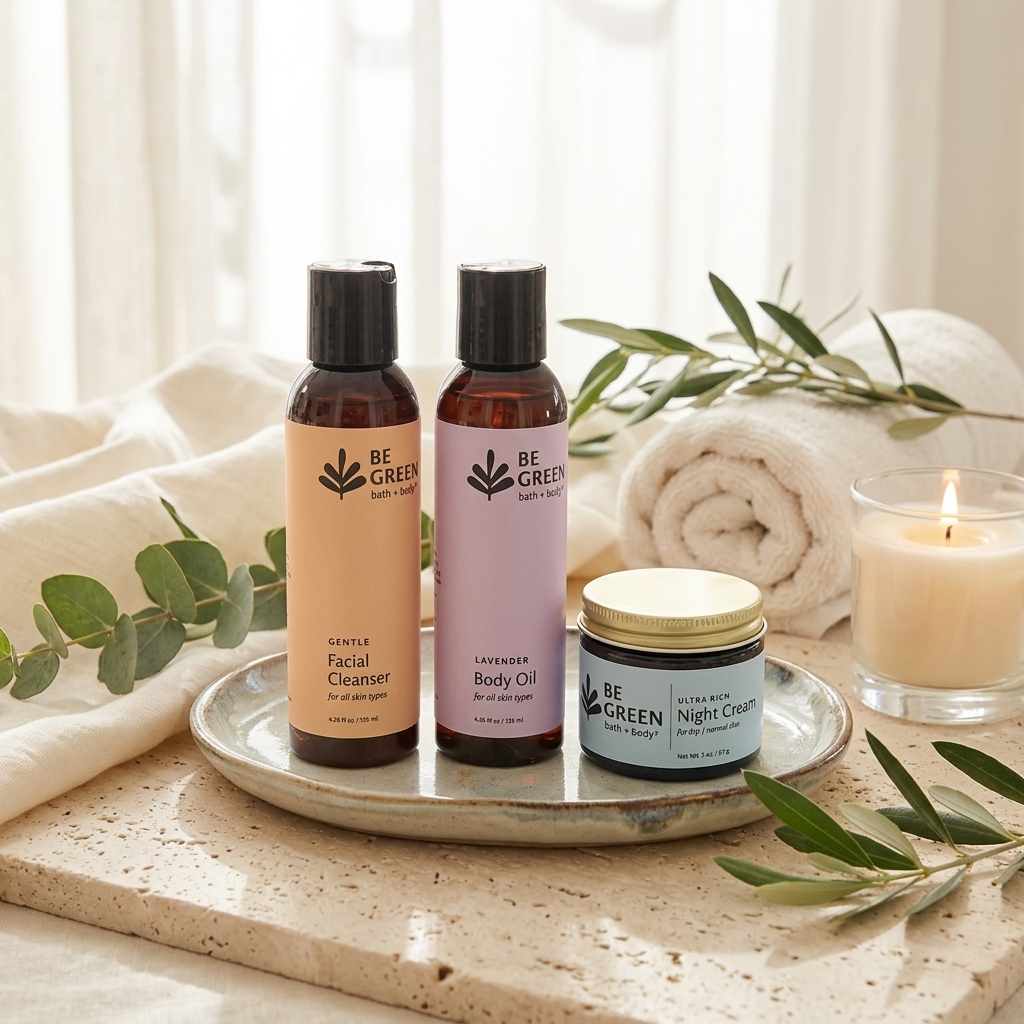 Three BE GREEN natural body care products arranged on a ceramic tray: a facial cleanser bottle, a lavender body oil bottle, and a night cream jar, styled with rolled towels, greenery, and a lit candle in a bright bathroom setting.