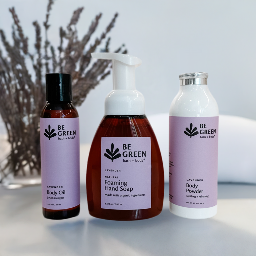 Clean beauty lavender skincare- lavender hand soap, lavender body oil, lavender body powder