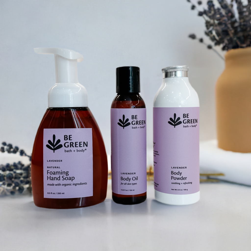 Lavender skincare gift with hand soap, lavender body oil, lavender body powder