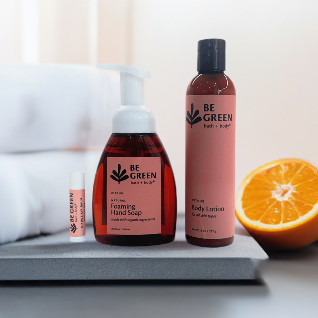 Citrus skincare products- citrus body lotion, citrus lip balm, citrus hand soap