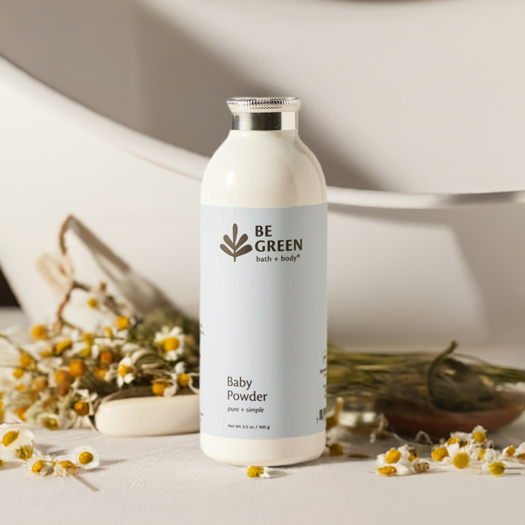 Non toxic Baby Powder with organic chamomile flowers