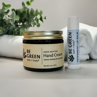 Affordable green beauty gift set of hand cream and lip balm