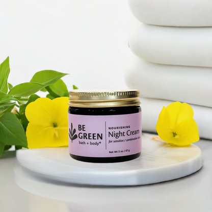 Non toxic night cream for combination skin in an amber glass jar