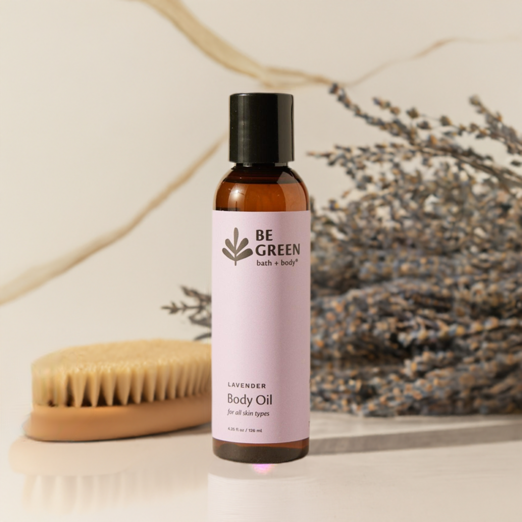 EWG Verified Lavender Body Oil with a dry brush and dried lavender flowers