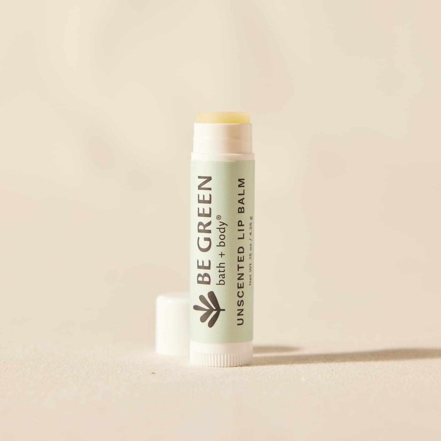 EWG verified unscented lip balm with cap off.
