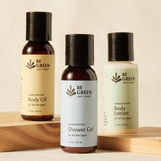 Travel sizes of unscented shower gel, unscented body oil and unscented body lotion.
