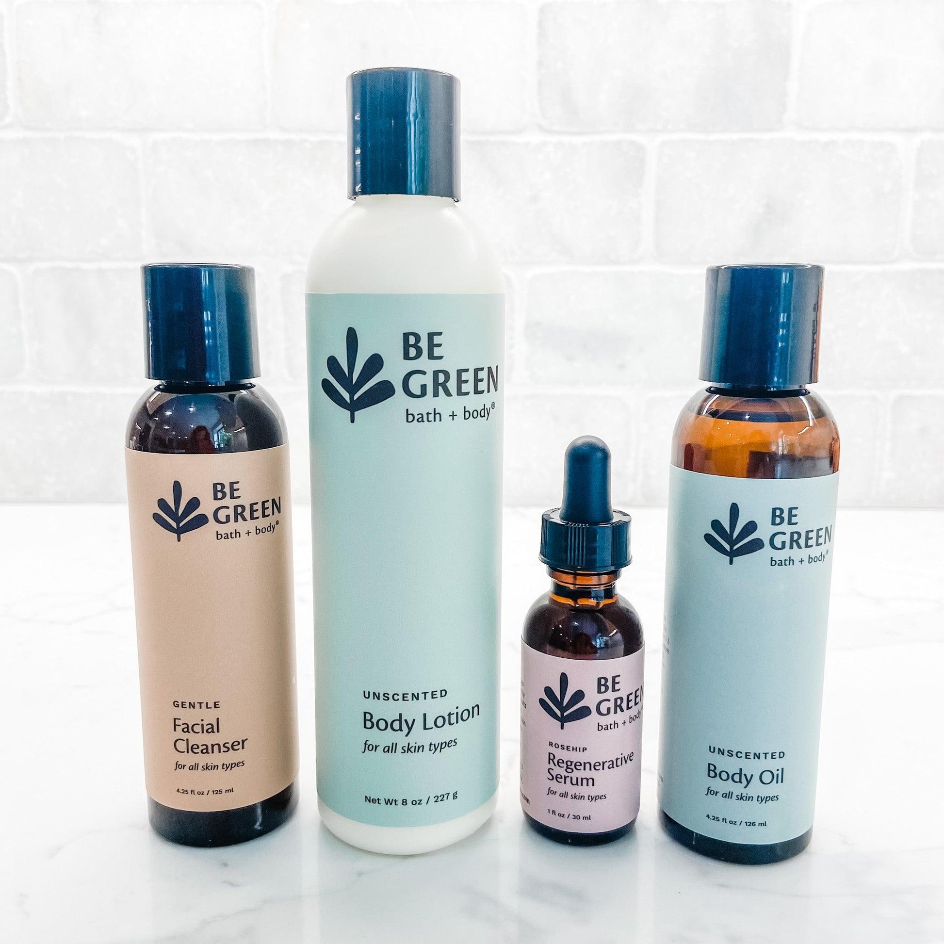 Be Green Bath + Body Best Selling Products Collection.  Cleanser, Lotion, Serum and Body Oil EWG Verified